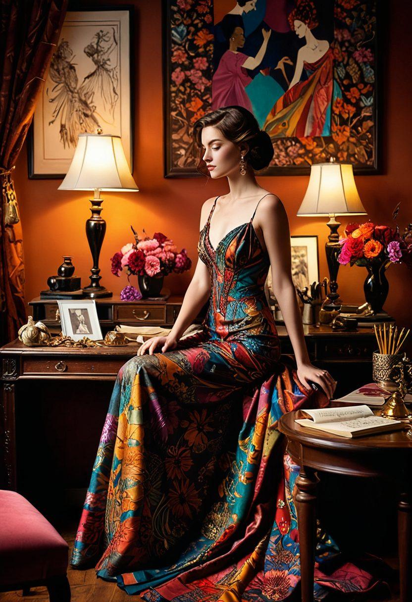 A graceful figure adorned in an elegant flowing gown, surrounded by a kaleidoscope of vibrant fabrics and accessories that symbolize diverse fashion styles. The backdrop features an ornate vintage writing desk with quills, ink pots, and scattered pages of beautifully penned prose, representating the essence of self-expression. Soft, warm lighting creates an inviting atmosphere, while silhouettes of fashion sketches fill the background. super-realistic. vibrant colors. artistic flair.
