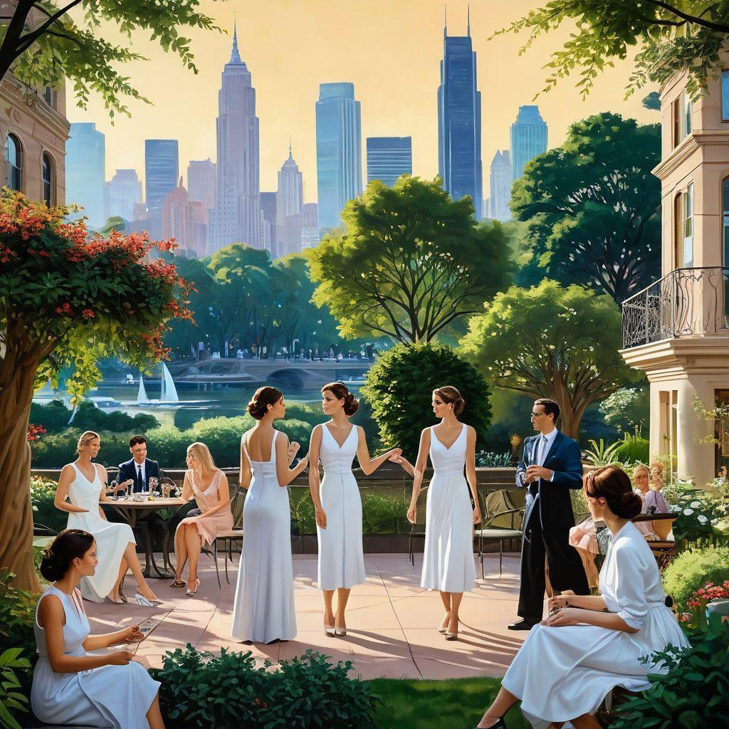 A stylish, modern city skyline in the background, seamlessly merging with vintage architectural elements, symbolizing the blend of trends and timelessness. In the foreground, a diverse group of individuals, elegantly dressed, engaging in unique self-expressive activities like painting, dancing, and gardening. Soft, enchanting light filters through trees, creating a serene yet vibrant atmosphere. Subtle hints of fashion and art scattered throughout, uniting aesthetic appreciation and personal expression. super-realistic. vibrant colors.
