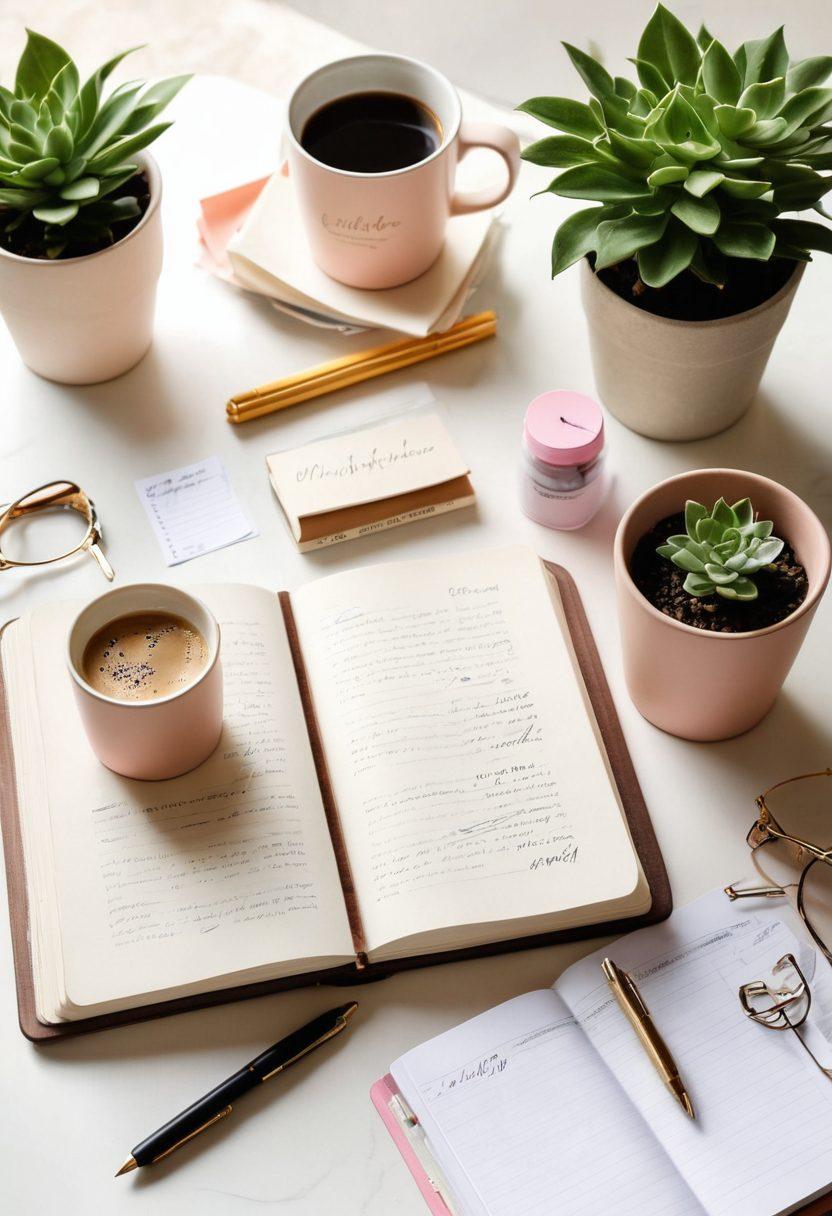 A stylish desk scene featuring a beautifully designed personal journal open with elegant handwriting, surrounded by chic stationery, a steaming cup of coffee, and a soft light illuminating the pages. Include decorative plants and inspirational quotes on the wall to enhance the creative atmosphere. delicate color palette. super-realistic. soft lighting.